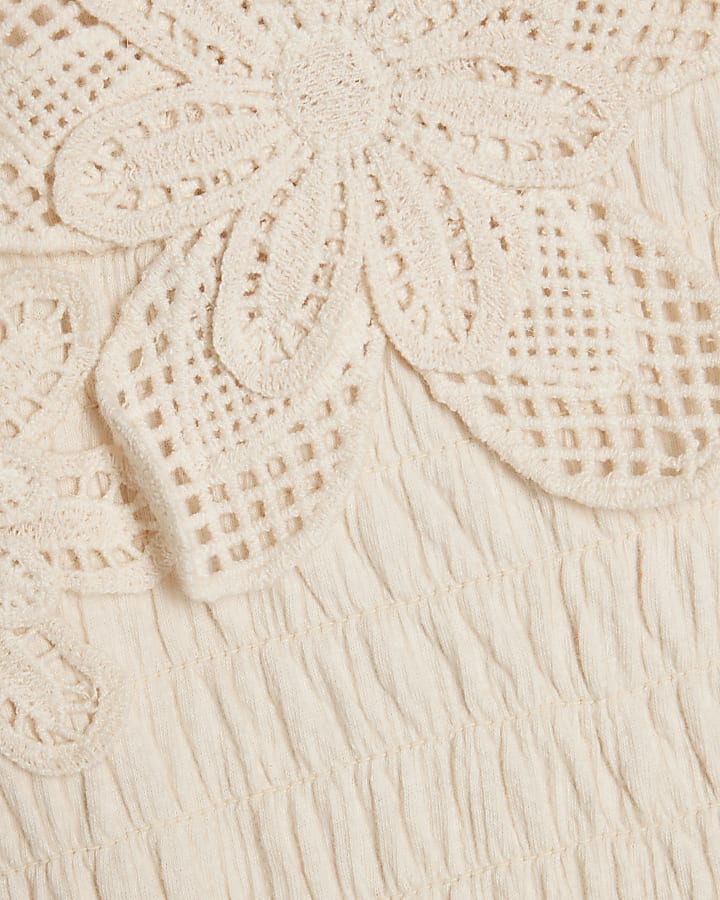 Girls Cream Asymmetric Crochet Flower Dress