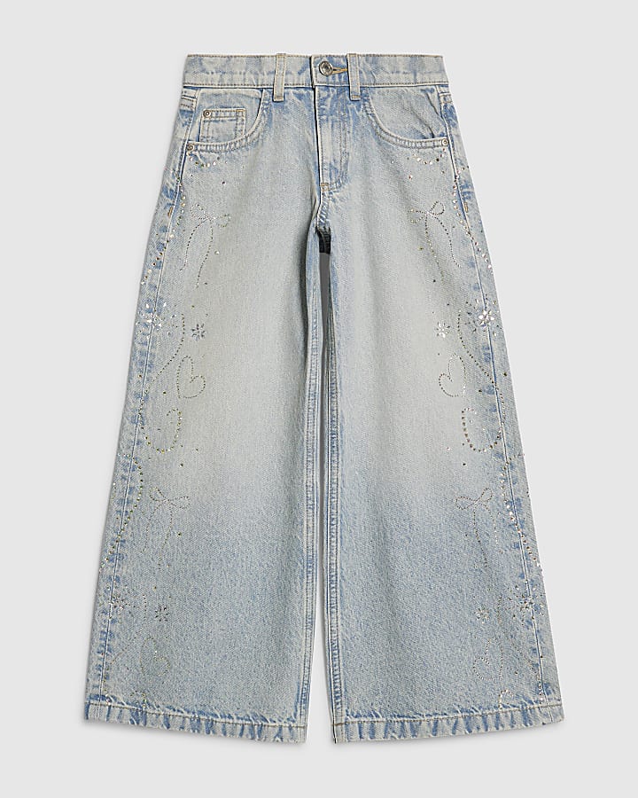Girls Side Embellished Wide Leg Jeans