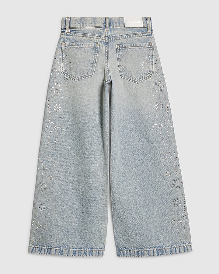Girls Side Embellished Wide Leg Jeans