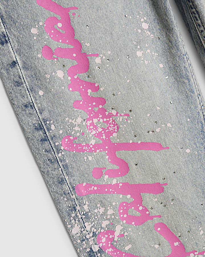 Girls Blue Neon Graffiti Straight Jeans