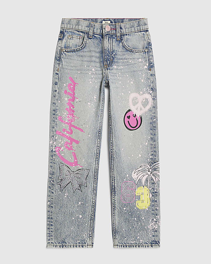Girls Blue Neon Graffiti Straight Jeans