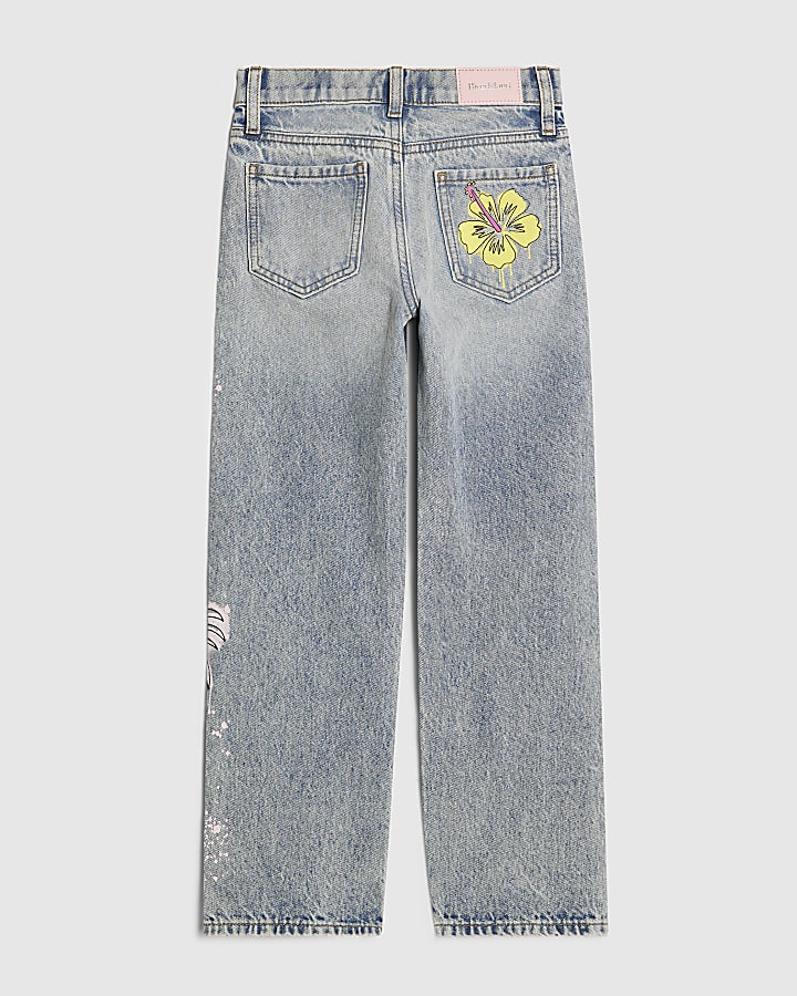 Girls Blue Neon Graffiti Straight Jeans
