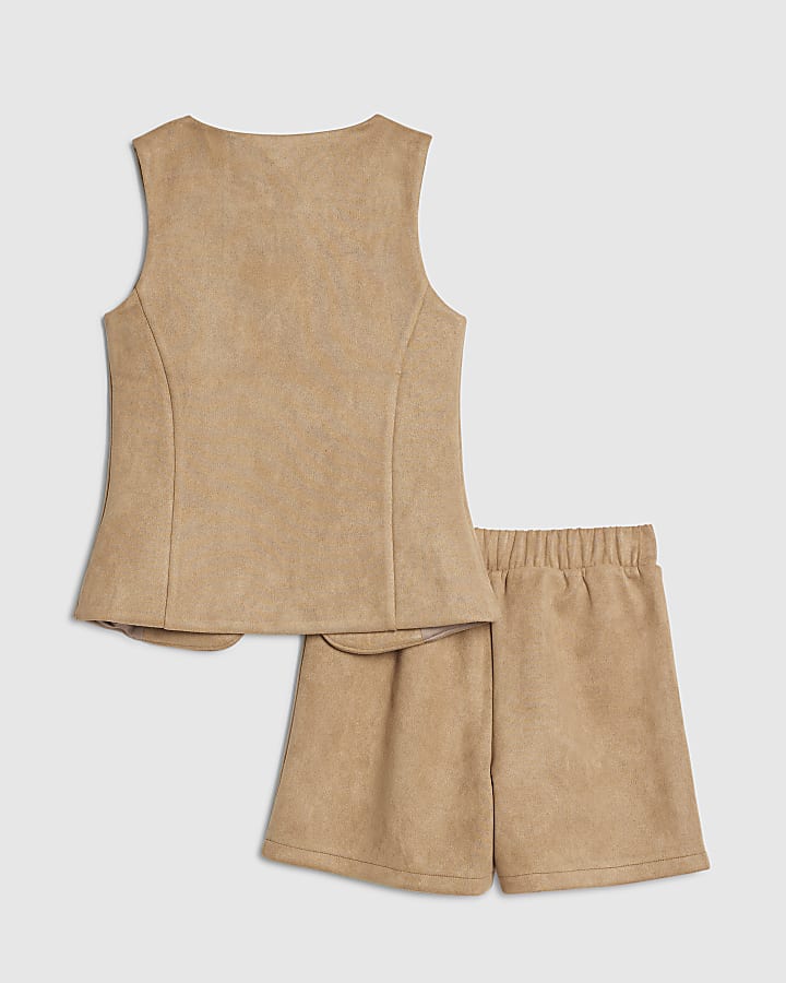 Girls Brown Faux Suede Waistcoat Set