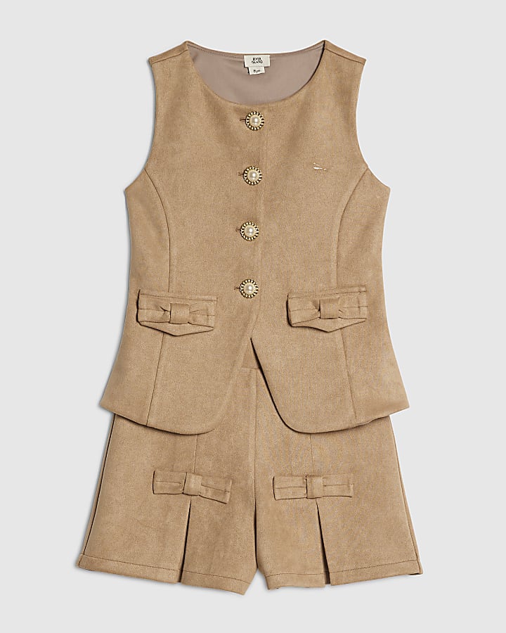 Girls Brown Faux Suede Waistcoat Set