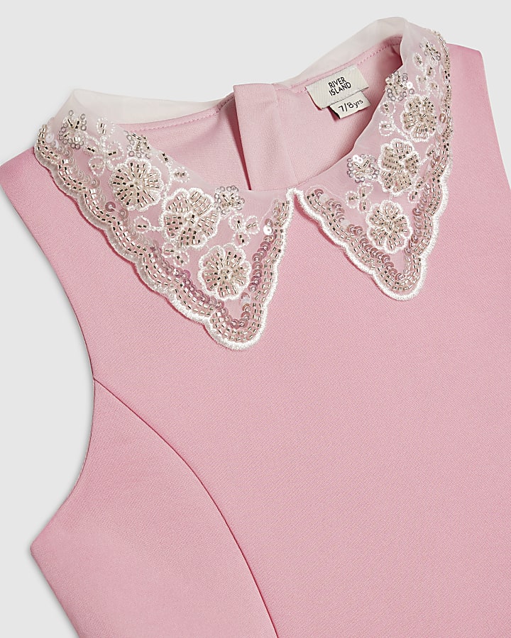 Girls Pink Embellished Collar Dress