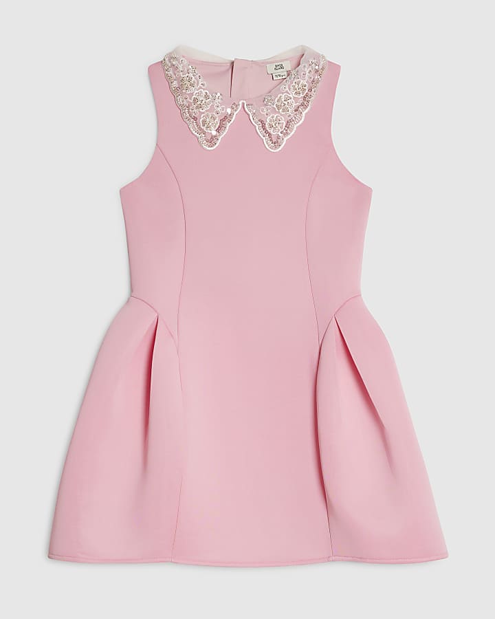 Girls Pink Embellished Collar Dress
