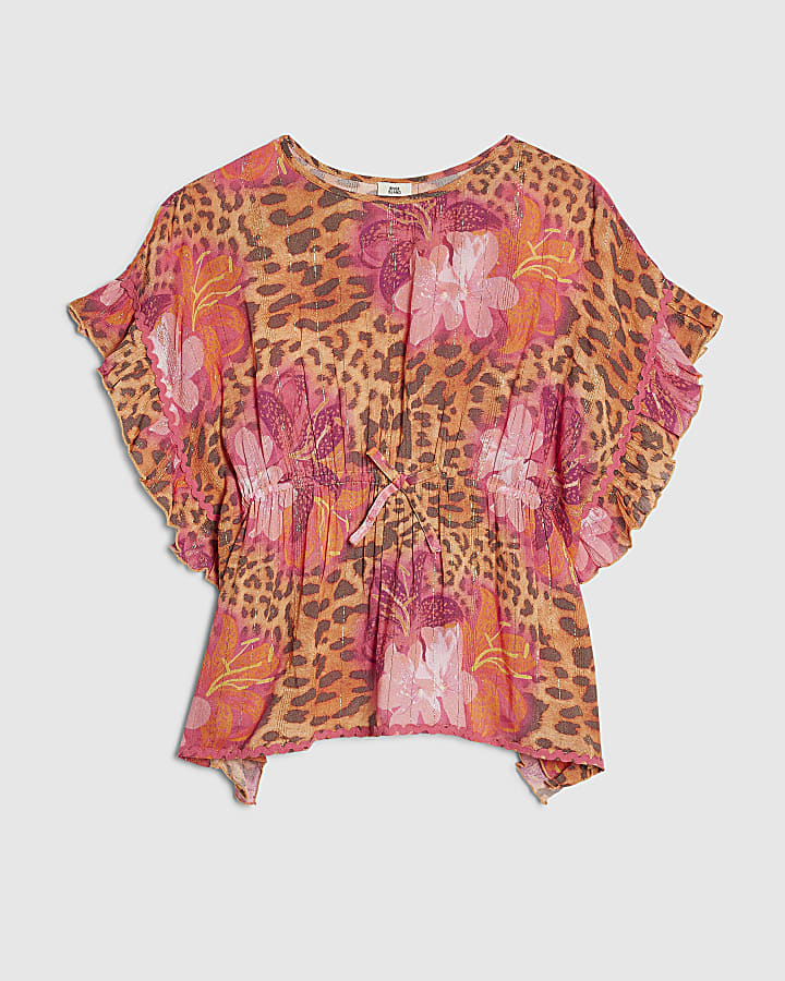 Girls Pink Floral Leopard Kaftan