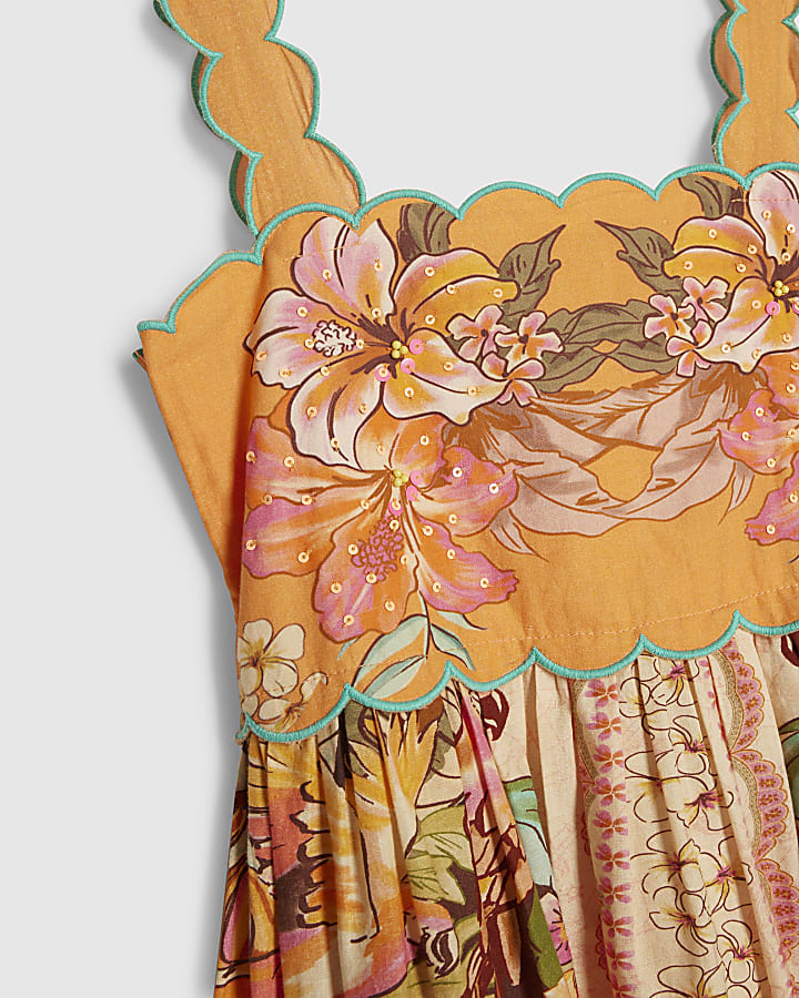 Girls Orange Scallop Maxi Dress