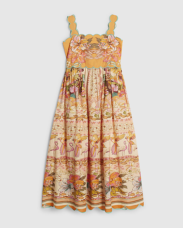 Girls Orange Scallop Maxi Dress