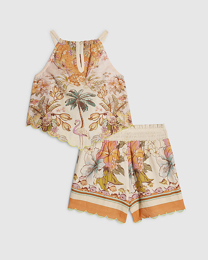 Mini Girls Orange Hanky Hem Top & Short Set