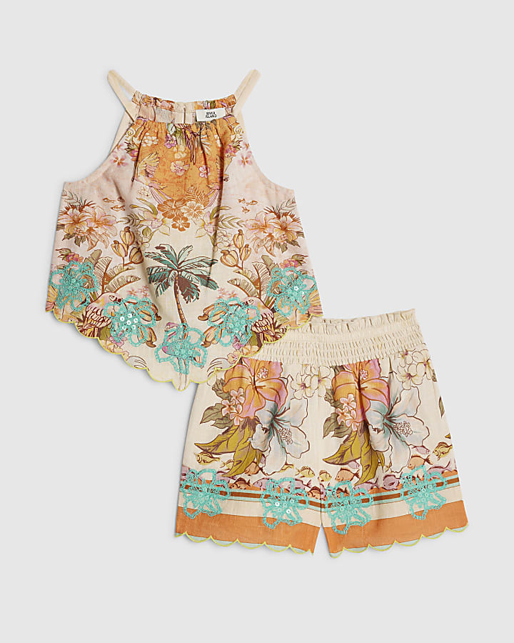 Mini Girls Orange Hanky Hem Top & Short Set