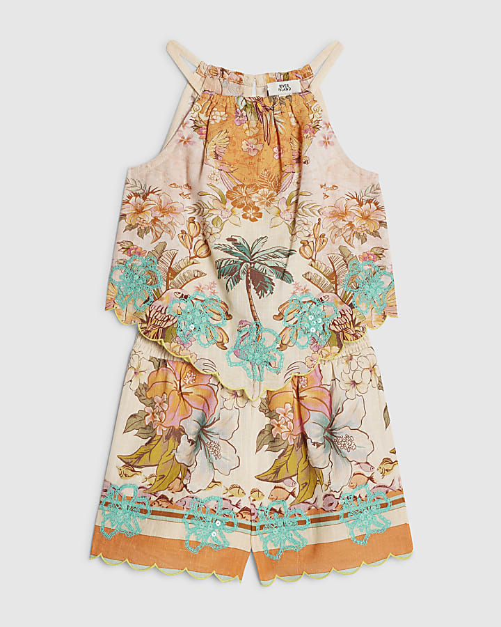 Mini Girls Orange Hanky Hem Top & Short Set