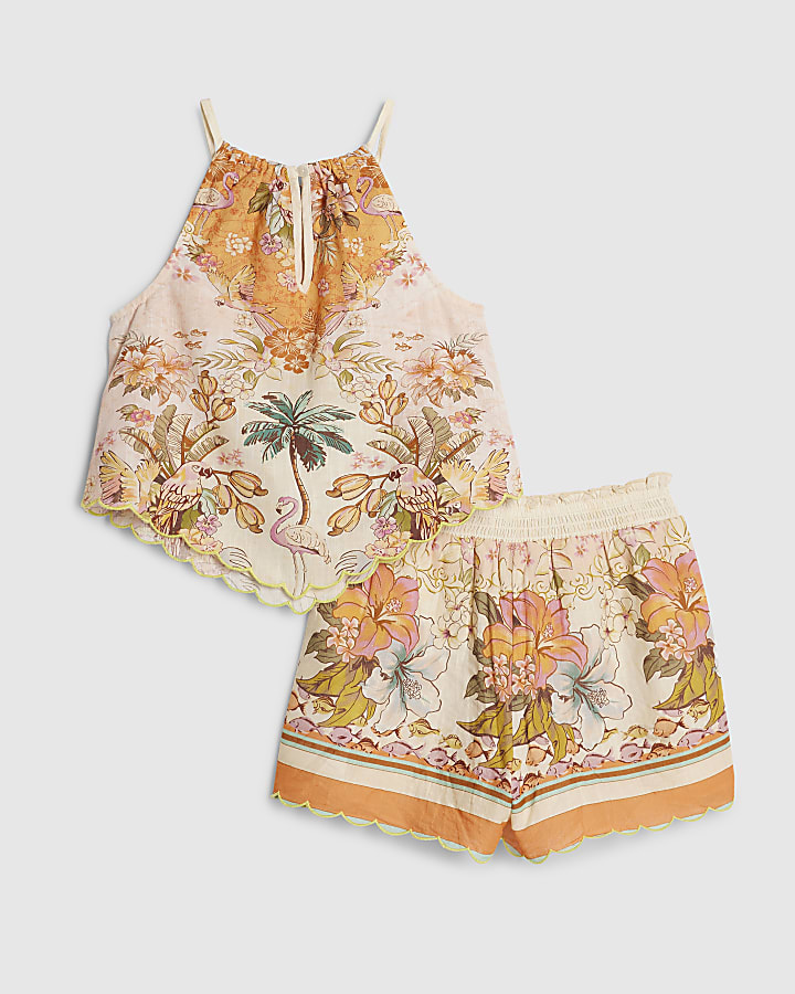 Girls Orange Hanky Hem Top & Short Set