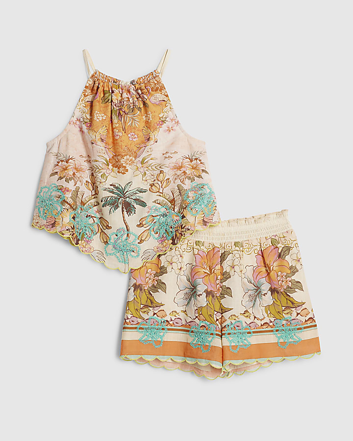 Girls Orange Hanky Hem Top & Short Set