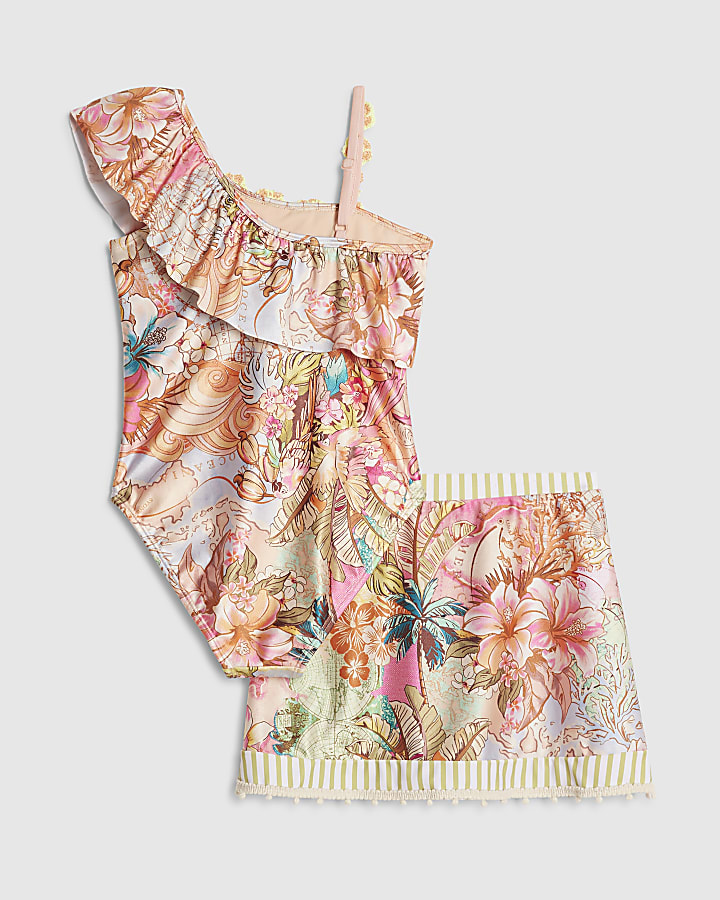 Girls Orange Swimsuit & Skirt Set