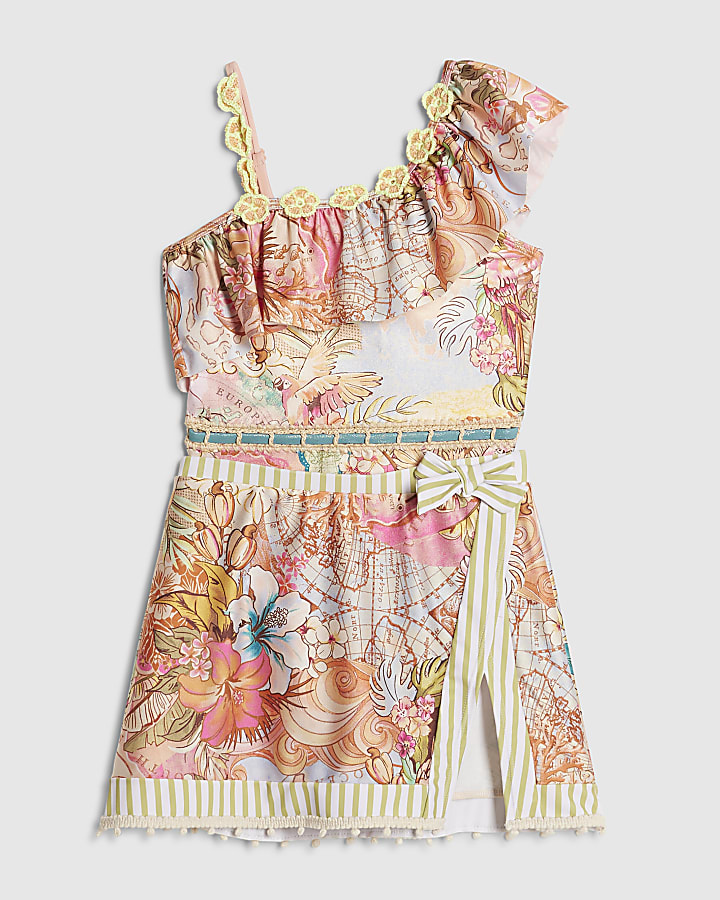 Girls Orange Swimsuit & Skirt Set