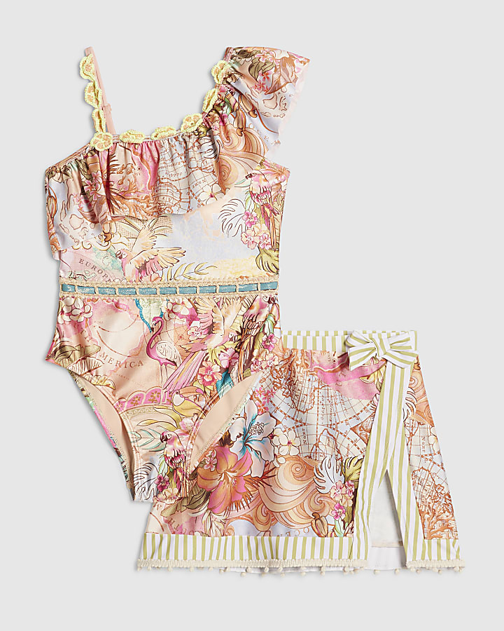 Girls Orange Swimsuit & Skirt Set