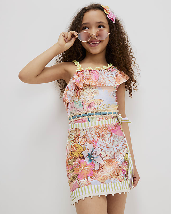 Girls Orange Swimsuit & Skirt Set