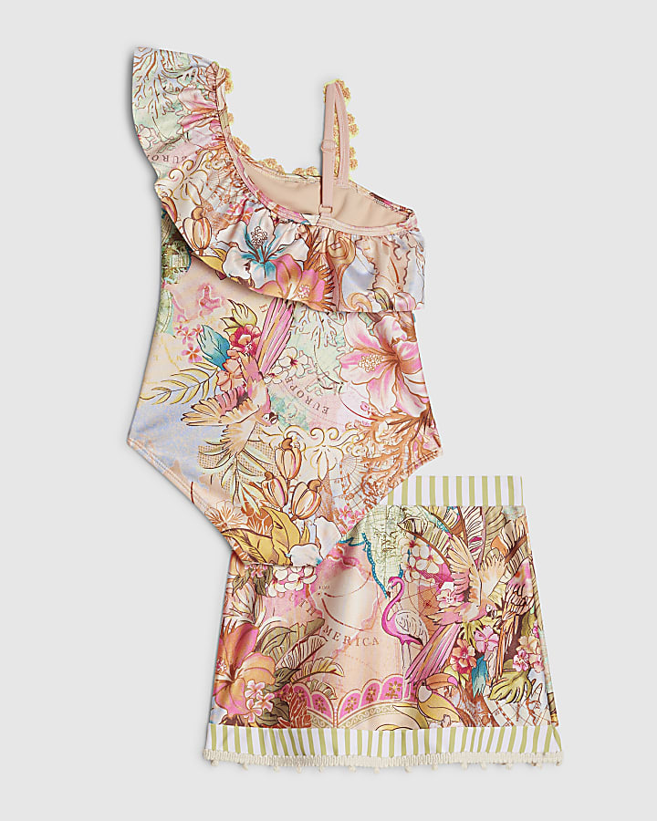 Mini Girls Orange Swimsuit & Skirt Set