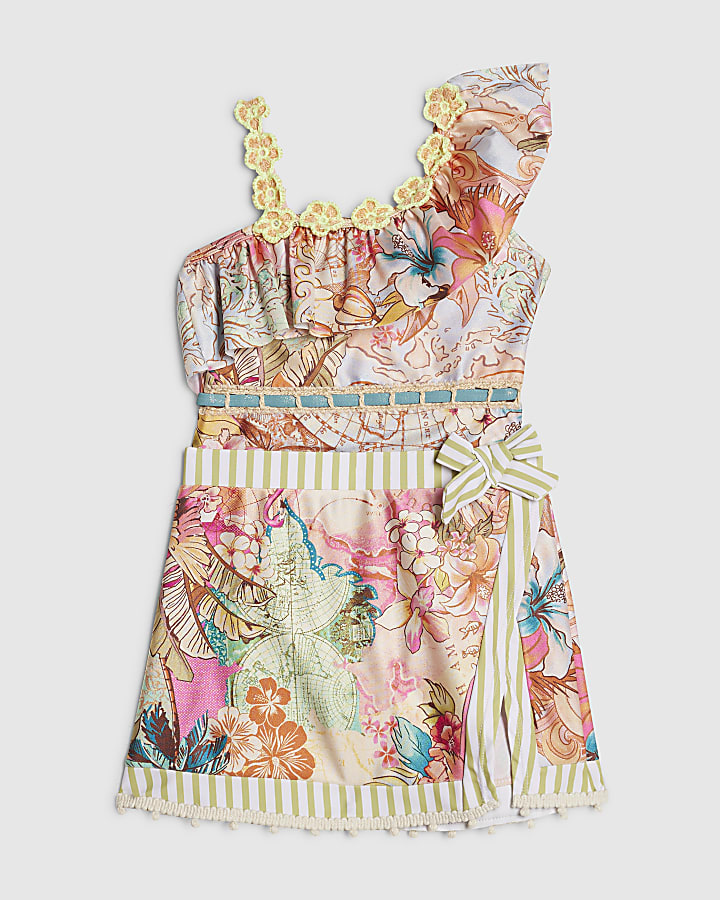 Mini Girls Orange Swimsuit & Skirt Set