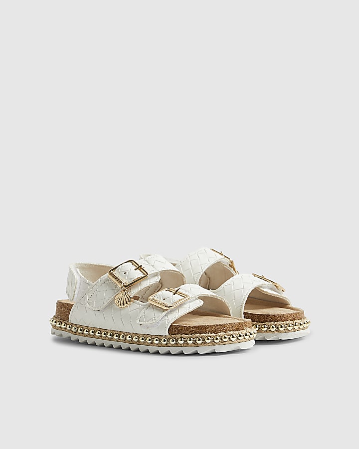 Girls White Weave Buckle Footbed Sandals