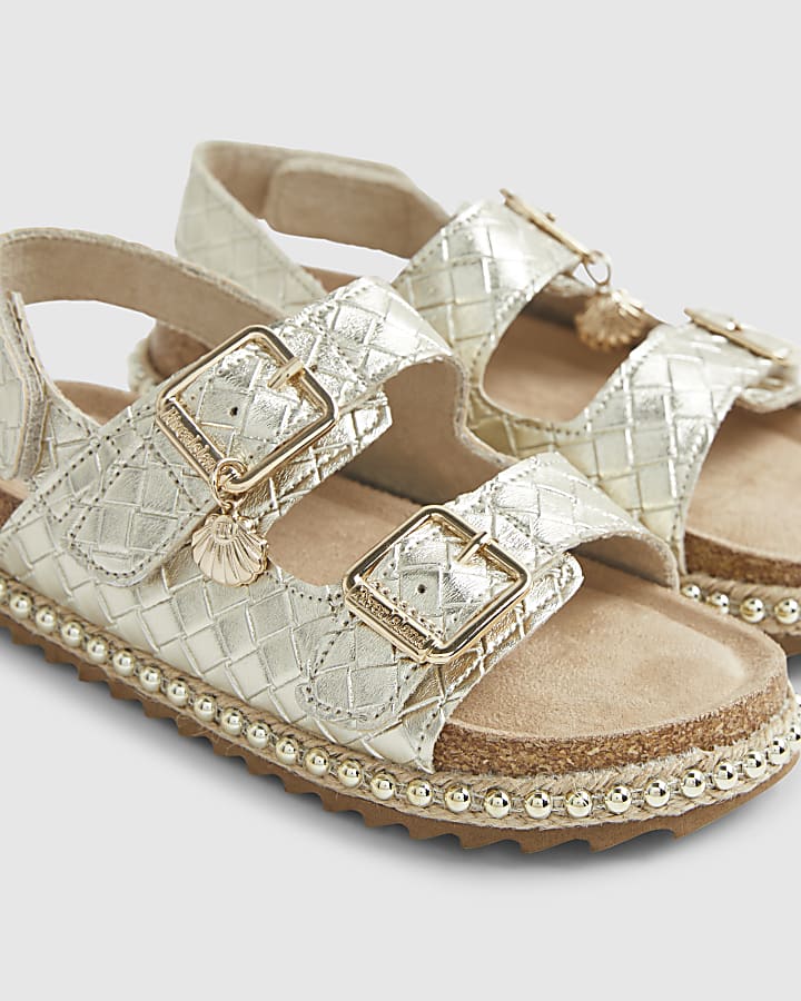 Girls Gold Weave Buckle Footbed Sandals