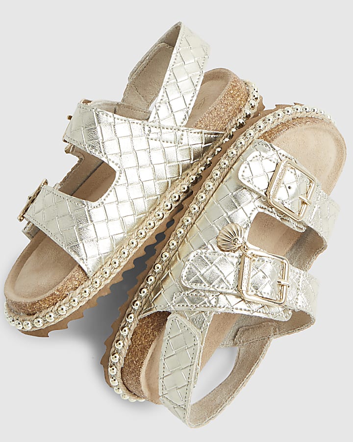 Girls Gold Weave Buckle Footbed Sandals