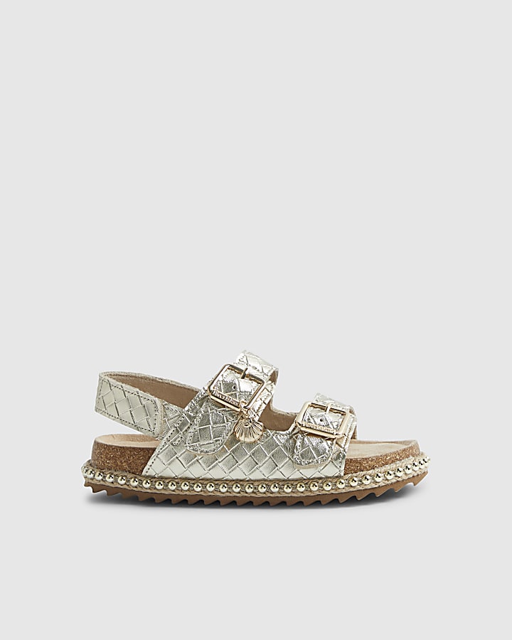 Girls Gold Weave Buckle Footbed Sandals