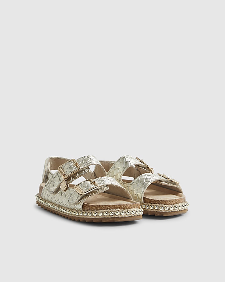 Girls Gold Weave Buckle Footbed Sandals