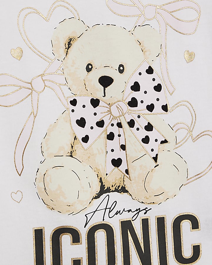 Mini Girls White Bear Frill Sleeve T-Shirt