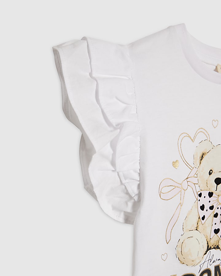 Mini Girls White Bear Frill Sleeve T-Shirt