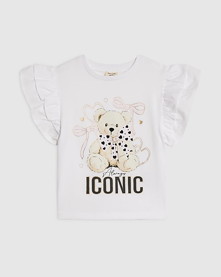 Mini Girls White Bear Frill Sleeve T-Shirt