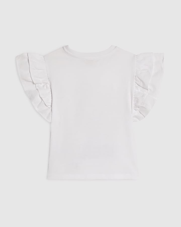 Mini Girls White Bear Frill Sleeve T-Shirt