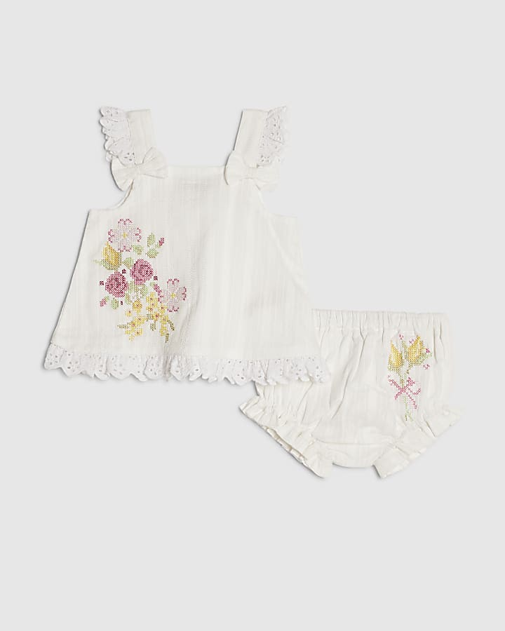 Baby Girls White Cross Stitch Romper Set