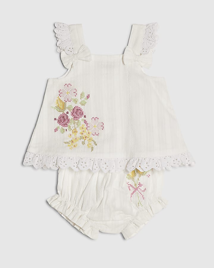 Baby Girls White Cross Stitch Romper Set