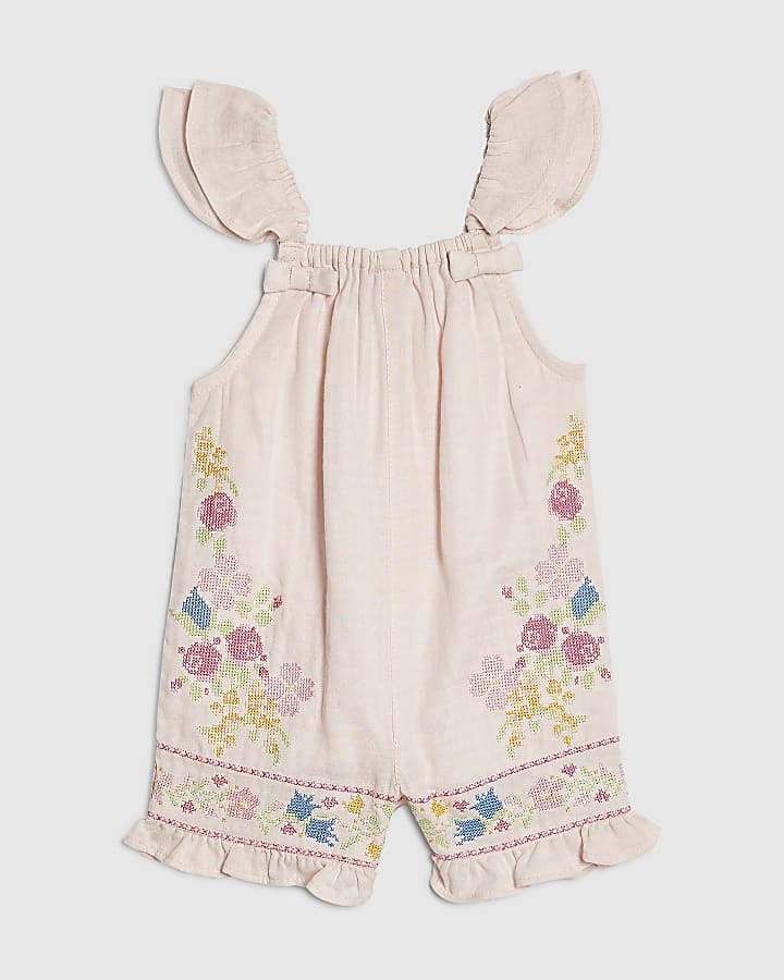 Baby Girls Pink Floral Cross Stitch Romper