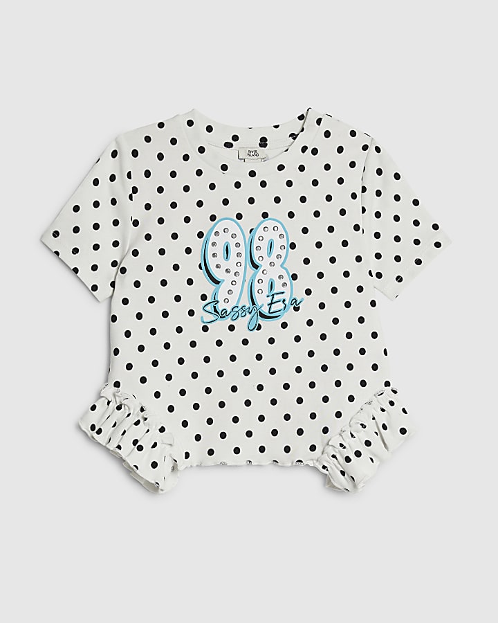 Girls White Polka Dot Frill Hem T-Shirt