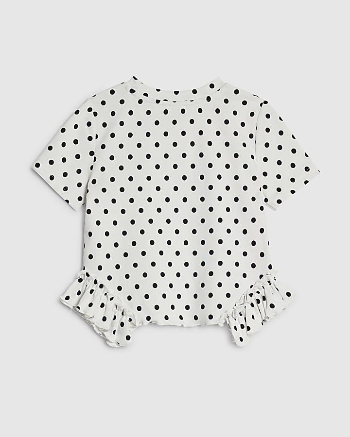 Girls White Polka Dot Frill Hem T-Shirt