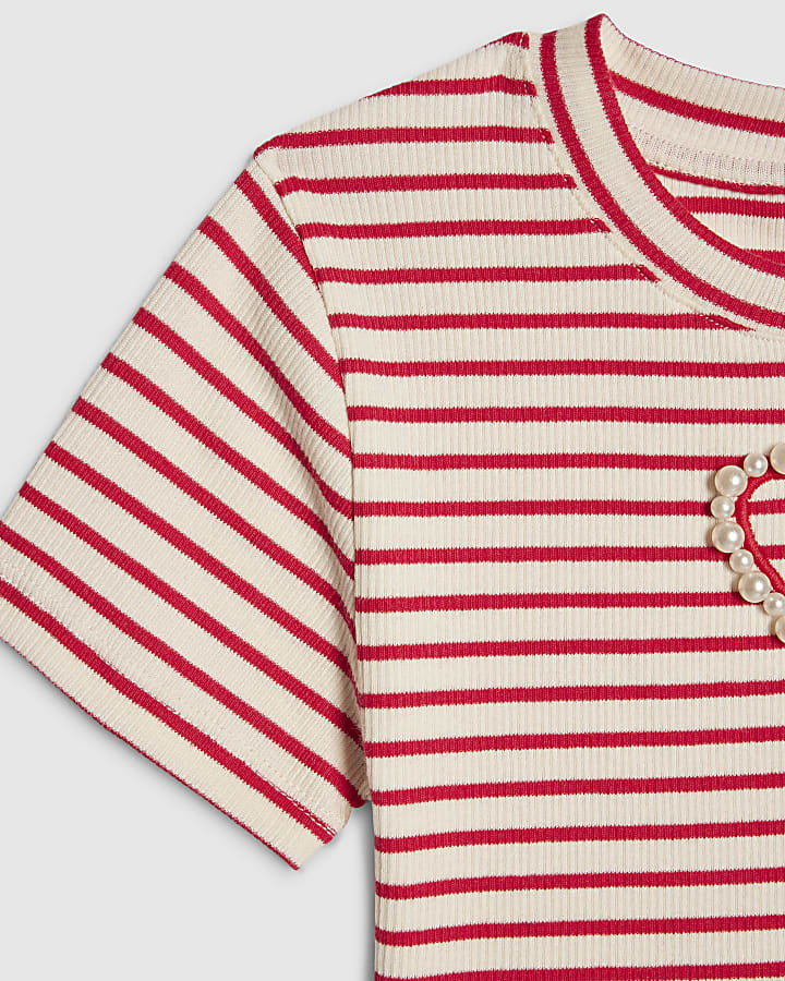 Girls Red Stripe Heart Cropped T-Shirt