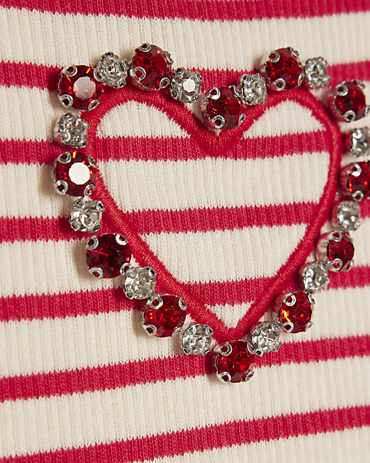Girls Red Stripe Heart Cropped T-Shirt