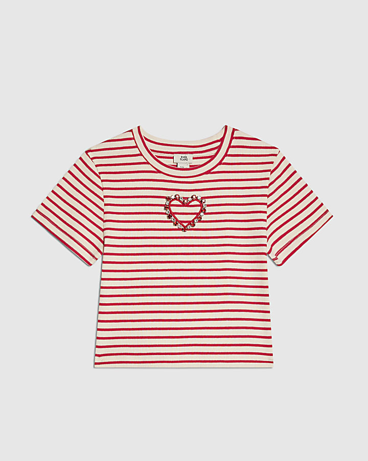 Girls Red Stripe Heart Cropped T-Shirt