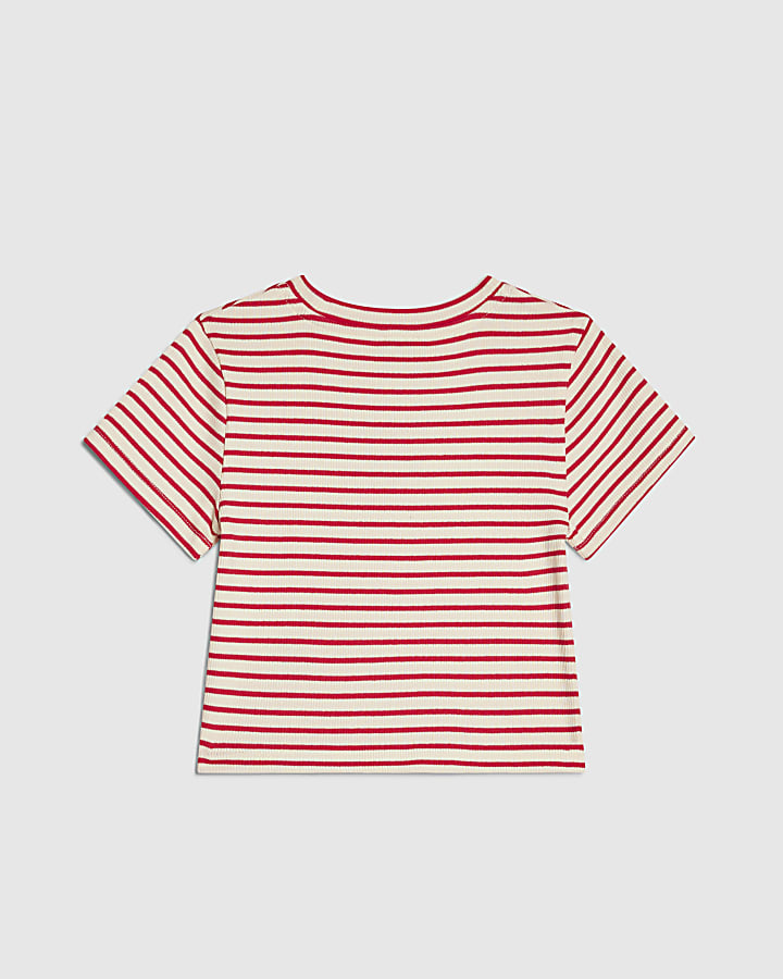 Girls Red Stripe Heart Cropped T-Shirt