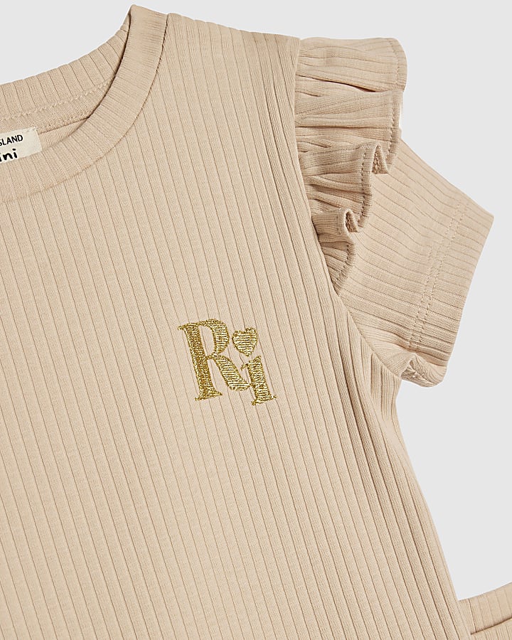 Mini Girls Beige Ribbed Peplum Top Set
