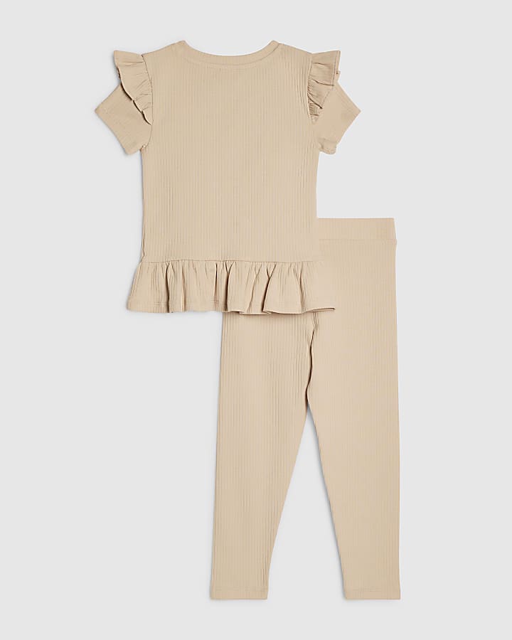 Mini Girls Beige Ribbed Peplum Top Set