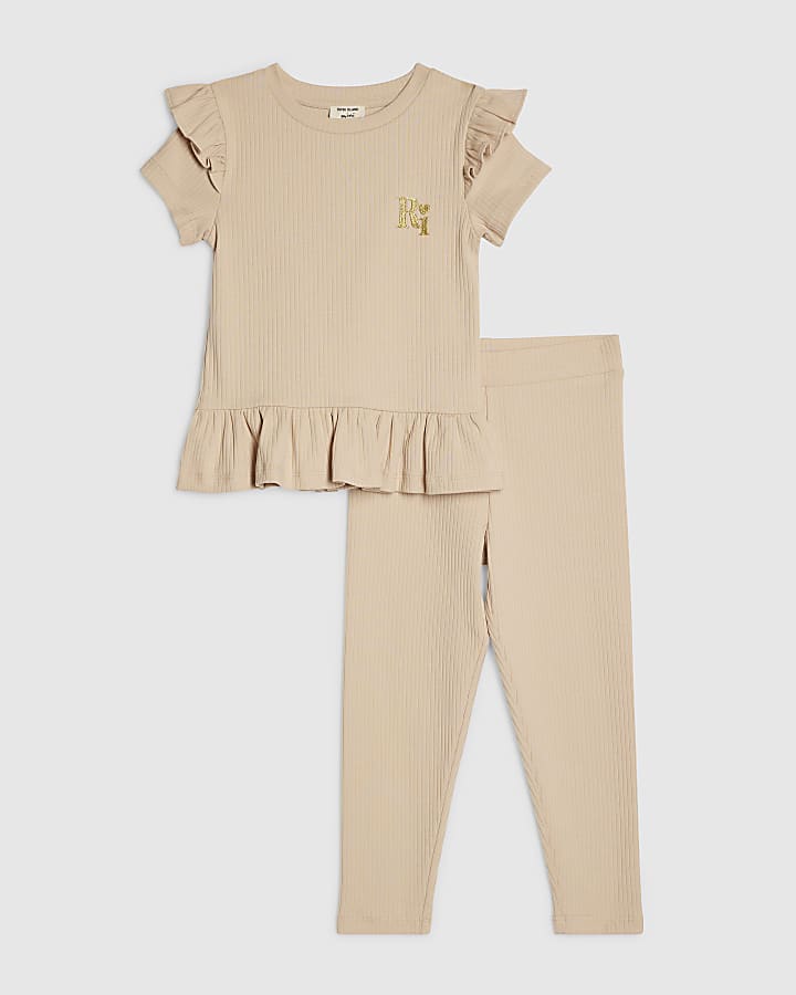 Mini Girls Beige Ribbed Peplum Top Set