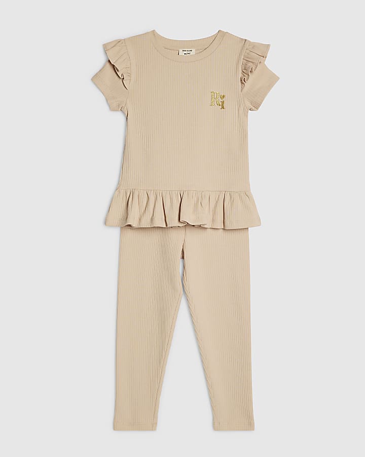 Mini Girls Beige Ribbed Peplum Top Set