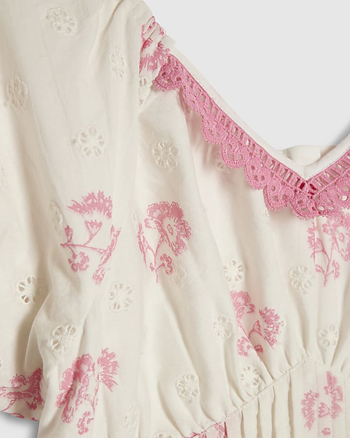 Girls White Floral Lace Trim Dress