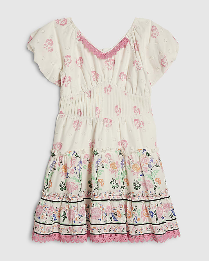 Girls White Floral Lace Trim Dress