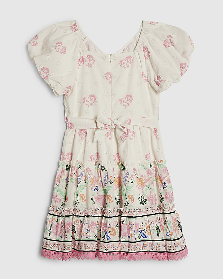 Girls White Floral Lace Trim Dress