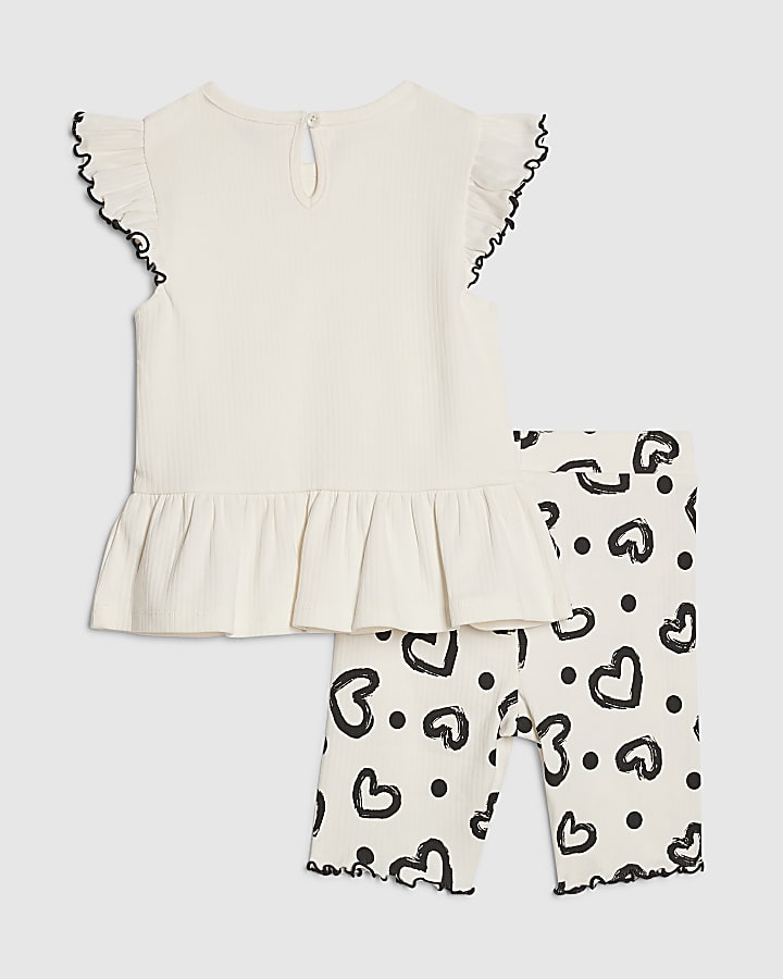Mini Girls Cream Peplum Rib Shorts Set